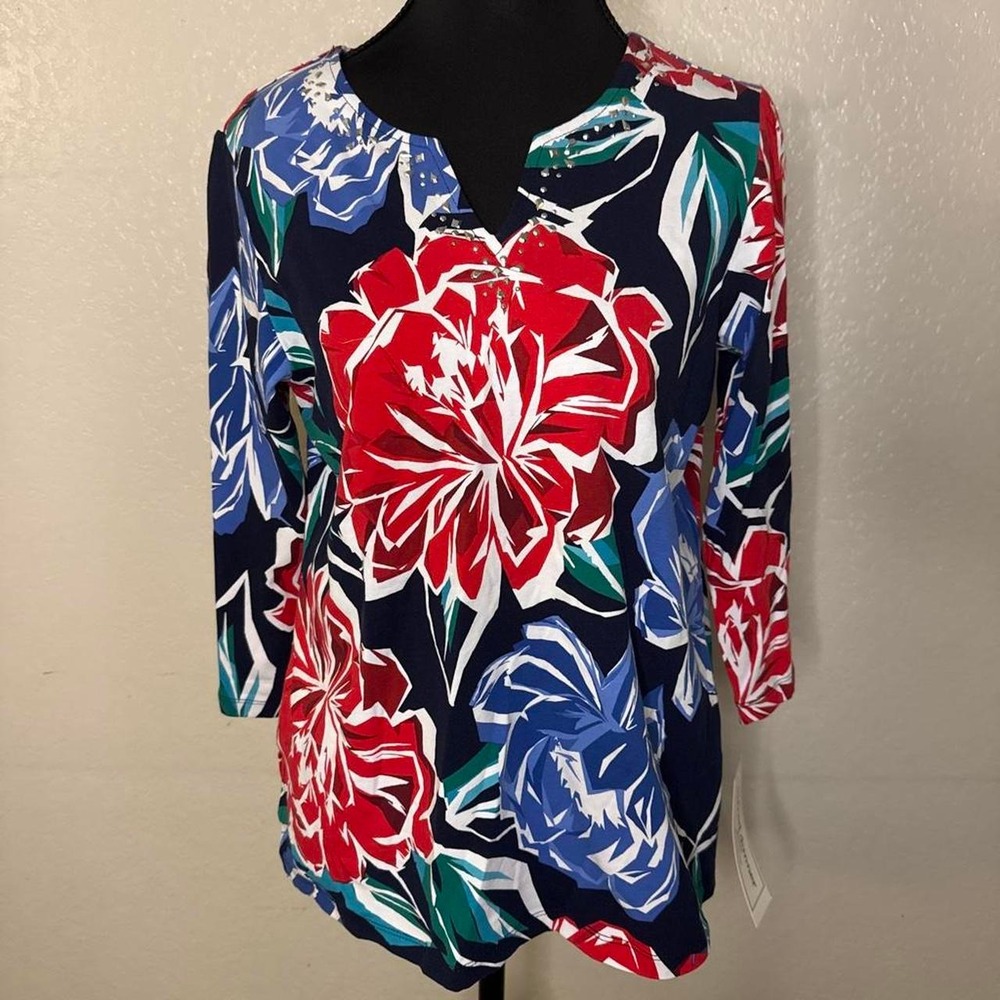 Red, blue, and green floral print blouse with 3/4 sleeves